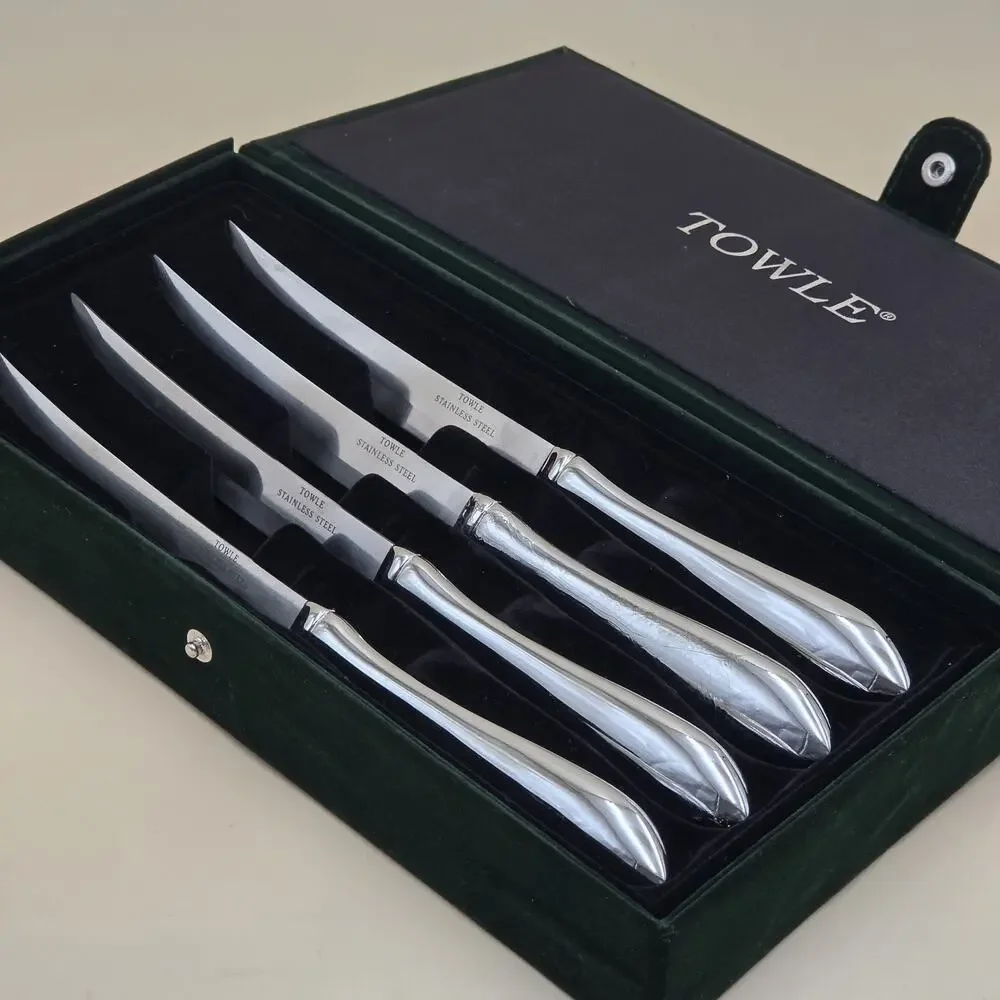 Towle Silversmiths Set Of 4 Stainless Steel Steak Knives Green Felt Box *CRAZING